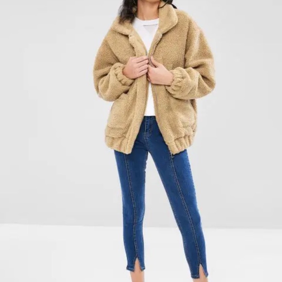 ZAFUL Fluffy Zip Up Winter Teddy Coat - Camel Brown - Picture 2 of 4